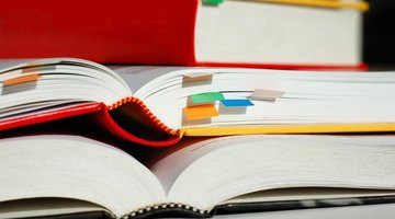 Close-up of college text books.